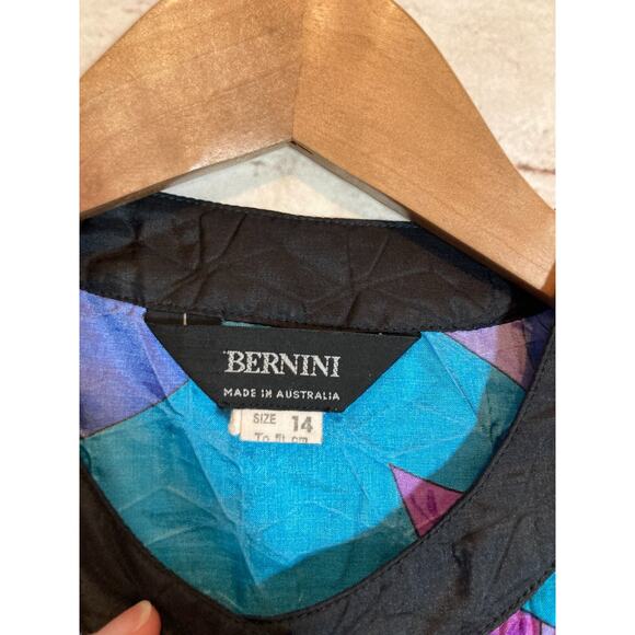 Vintage Bernini Top Womens 14 Cobalt & Purple Leaf Print Satin Button Front 80s - Picture 15 of 15